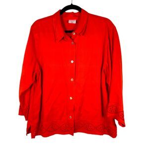 Click by Color Me Cotton Orange Red Button Down Shirt Shacket Eyelet Size XXL